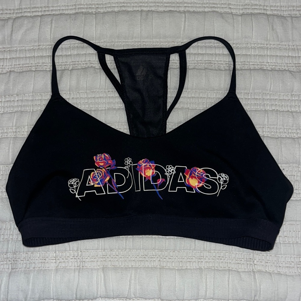 black adidas sports bra w/ flower design